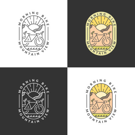 Set of mountain and bicycle monoline or line art style vector illustrationのイラスト素材