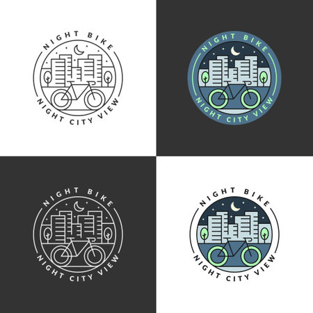 Set of night city and bicycle monoline or line art style vector illustrationのイラスト素材