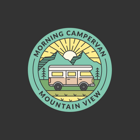 mountain and campervan badge vector illustration. morning mountain and campervan monoline or line art style. design can be for T-shirts, sticker, printing needsのイラスト素材