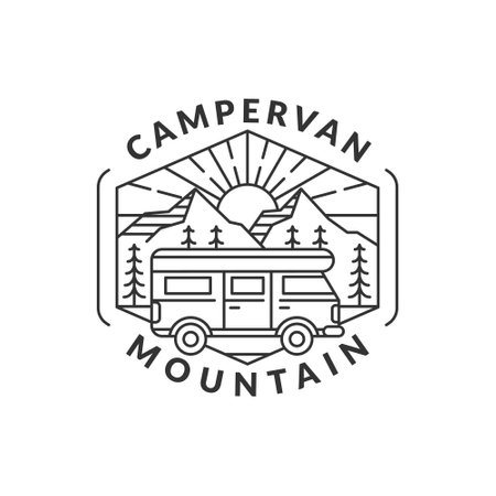 mountain and campervan badge vector illustration. morning mountain and campervan monoline or line art style. design can be for T-shirts, sticker, printing needsのイラスト素材