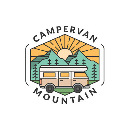 mountain and campervan badge vector illustration. morning mountain and campervan monoline or line art style. design can be for T-shirts, sticker, printing needsのイラスト素材