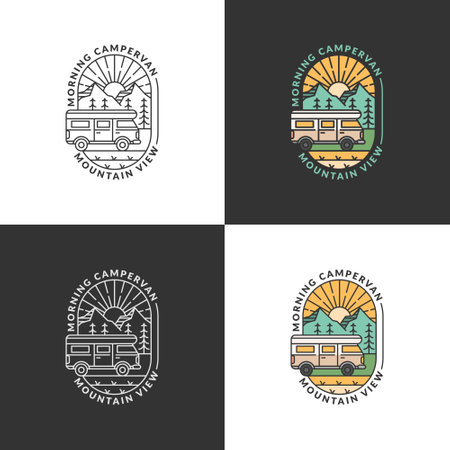 mountain and campervan badge vector illustration. morning mountain and campervan monoline or line art style. design can be for T-shirts, sticker, printing needsのイラスト素材