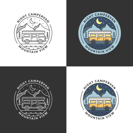 mountain and campervan badge vector illustration. night mountain and campervan monoline or line art style. design can be for T-shirts, sticker, printing needsのイラスト素材