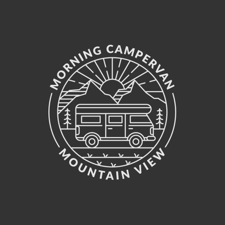 mountain and campervan badge vector illustration. morning mountain and campervan monoline or line art style. design can be for T-shirts, sticker, printing needsのイラスト素材