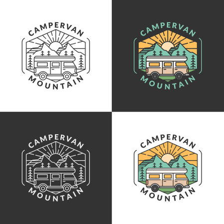 mountain and campervan badge vector illustration. morning mountain and campervan monoline or line art style. design can be for T-shirts, sticker, printing needsのイラスト素材