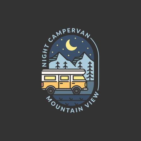 mountain and campervan badge vector illustration. night mountain and campervan monoline or line art style. design can be for T-shirts, sticker, printing needsのイラスト素材