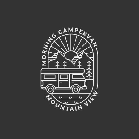 mountain and campervan badge vector illustration. morning mountain and campervan monoline or line art style. design can be for T-shirts, sticker, printing needsのイラスト素材