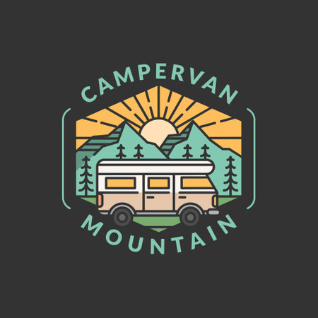 mountain and campervan badge vector illustration. morning mountain and campervan monoline or line art style. design can be for T-shirts, sticker, printing needsのイラスト素材