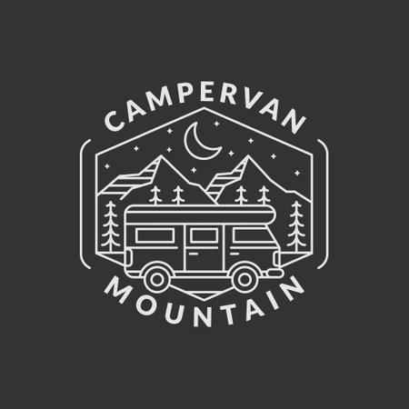 mountain and campervan badge vector illustration. night mountain and campervan monoline or line art style. design can be for T-shirts, sticker, printing needsのイラスト素材
