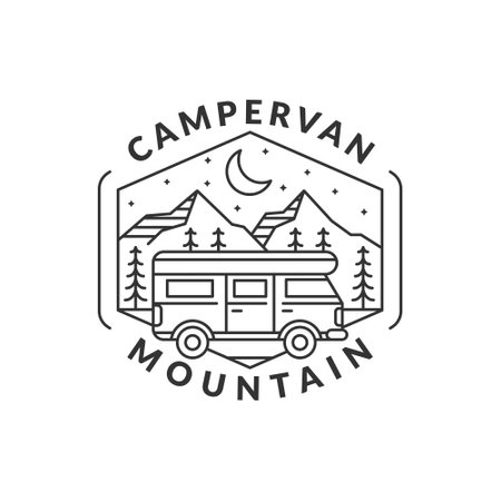 mountain and campervan badge vector illustration. night mountain and campervan monoline or line art style. design can be for T-shirts, sticker, printing needsのイラスト素材