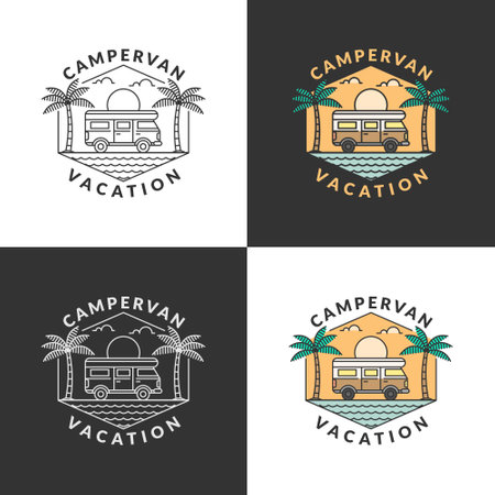 beach and campervan biking badge vector illustration. beach and campervan monoline or line art style. design can be for t-shirts, sticker, printing needsのイラスト素材