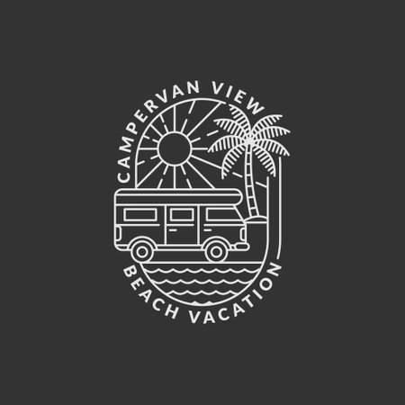 beach and campervan biking badge vector illustration. beach and campervan monoline or line art style. design can be for t-shirts, sticker, printing needsのイラスト素材