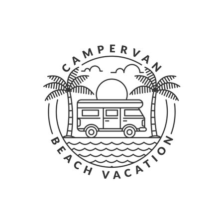 beach and campervan biking badge vector illustration. beach and campervan monoline or line art style. design can be for t-shirts, sticker, printing needsのイラスト素材