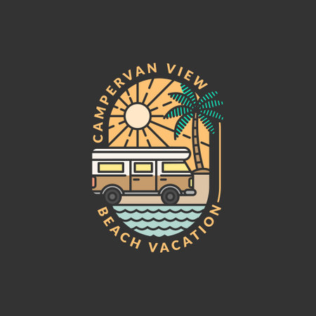 beach and campervan biking badge vector illustration. beach and campervan monoline or line art style. design can be for t-shirts, sticker, printing needsのイラスト素材