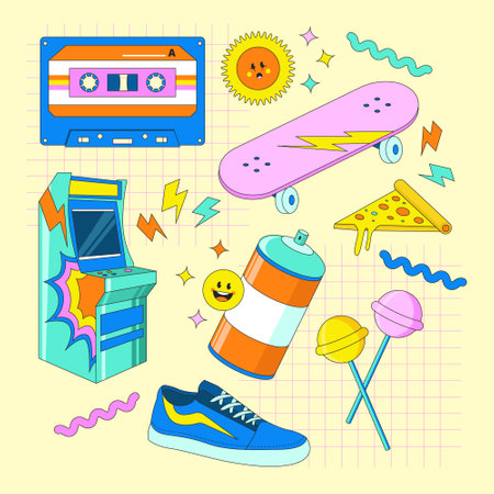 90's Pop Culture Sticker Cartoon Stuffs Objects with Cute Illustrationのイラスト素材