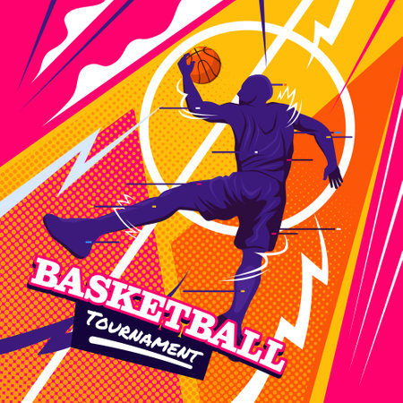Basketball Man Slam Dunk Pose with Urban Style and Glitch Style in Bold Colorful Colorsのイラスト素材