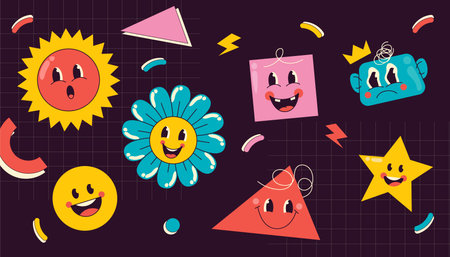 Abstract Cute Cartoon Comic Face Character Sticker, Stamp, Patches with Retro Vibes Collectionのイラスト素材