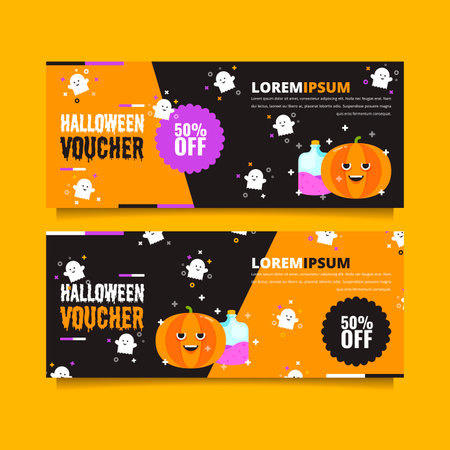 Halloween Coupon Discount Voucher with Pumpkin, Potion, and Ghost Flat Illustrationのイラスト素材