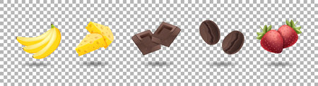 Banana, Cheese, Chocolate bar, Coffee bean, and Strawberry 3d Realistic Icon setのイラスト素材