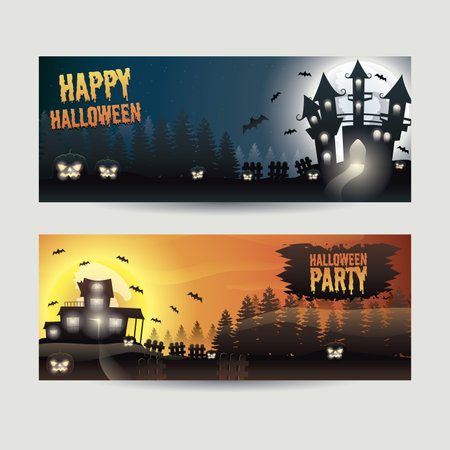 Realistic Halloween Banner Design Collection Template with Spooky House, Scary Pumpkins and Batsのイラスト素材