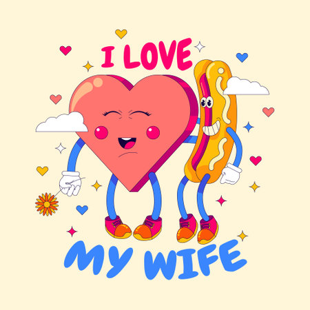 Cute Love Heart and Hot Dog Characters with "I Love My Wife" Words with 90's Cartoon Styleのイラスト素材