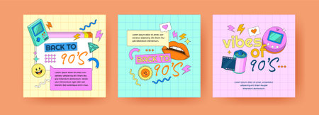 Social Media Post Collection with 90's Stuffs Colorful Illustration and Memphis Geometric Styleのイラスト素材
