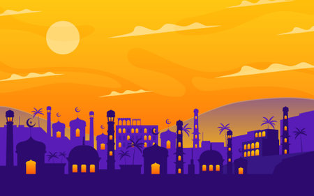 Arabian Landscape with Mosque and Desert Background Panoramaのイラスト素材