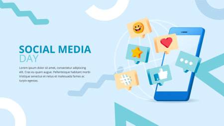 3D Social Media Day Icon User Interface Button on Bubble Chat with Heart, Love, Like, Thumb, Star, Hashtag on Mobile Phone Backgroundのイラスト素材