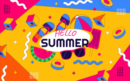 Hello Summer 90's Background with Colorful and Bold Color Style and Memphis Style background with...