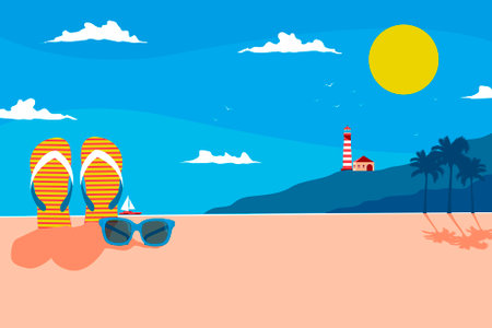Seashore Panorama Simple Minimalist Illustration with Flip Flop, Eyeglasses, Palm Tree, Sun, and Lighthouseのイラスト素材
