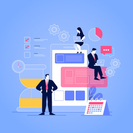 Businessman Leader Watching out at The Employee of his Work about Mobile Apps with Hourglass and...
