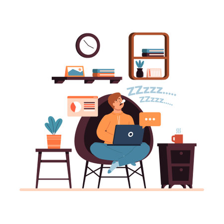 Casual Man Sleep in the Livingroom While Remote Working at Homeのイラスト素材