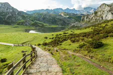 Path to the lake in the mountains, Asturias, Spainの写真素材