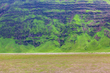 Green grassland with mountains in the background, Iceland, Europe.の写真素材