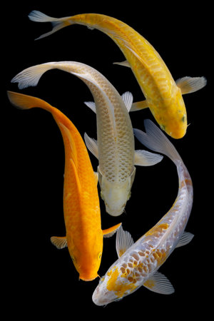 Koi fish isolated on a black background. Close-up.の写真素材