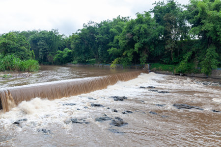 Water flowing from the dam to the river in the rainforest.の写真素材