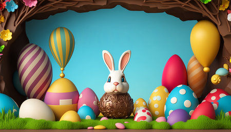 Egg-citing Easter Template: 3D Illustration of a Cartoon Holiday Scene with a Cute Rabbit in a Chocolate Egg. Generative AI.の素材