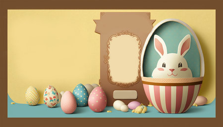 Vintage Easter Template: 3D Illustration of a Cartoon Holiday Scene with a Cute Rabbit in a Chocolate Egg. Generative AI.の素材