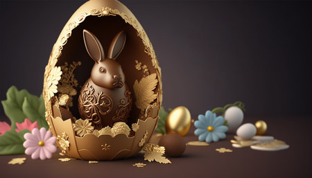 Luxurious Easter Template: 3D Illustration of a Cartoon Holiday Scene with a Cute Rabbit in a Hanging Chocolate Egg. Generative AI.の素材