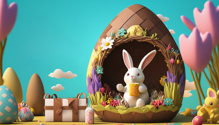 Springtime Easter Template: 3D Illustration of a Cartoon Holiday Scene with a Cute Rabbit in a Chocolate Egg. Generative AI.の素材