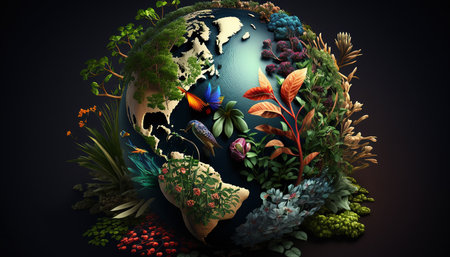 Preserving the Diversity of Life on Earth: 3D Planet Earth Highlighting Biodiversity. Generative AI.の素材