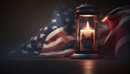 A Time of Remembrance: Memorial Day Template with a Burning Candle and the American Flag as a Symbol of Honor. Generative AI.の素材