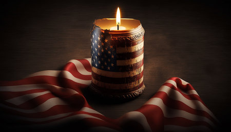 Reflecting on Sacrifice: Memorial Day Graphic Featuring a Burning Candle and the US Flag. Generative AI.の素材