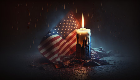Paying Tribute: Memorial Day Background with a Burning Candle and the United States Flag. Generative AI.の素材
