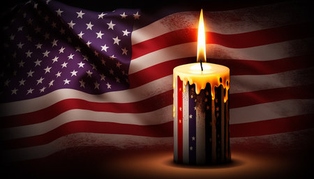 Remembering the Sacrifices: Memorial Day Background Featuring a Burning Candle and the American Flag. Generative AI.の素材