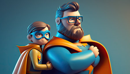 Super Dad and Son: Dynamic 3D Graphic Illustration of a Family Duo in Matching Superhero Costumes. Generative AI.の素材