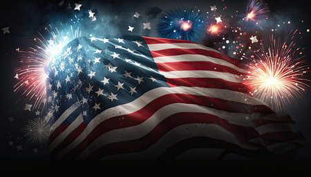 Stars and Stripes Forever: Background Template for Independence Day with American Flag and Fireworks Display. Generative AI.の素材