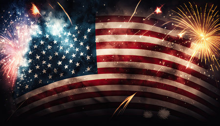 Stars and Stripes Forever: Background Template for Independence Day with American Flag and Fireworks Display. Generative AI.の素材