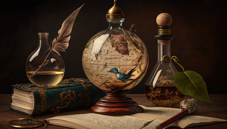 Timeless Teachers: A Sophisticated Teacher's Day Background Template with a Vintage Globe, Quill Pen, and Ink Bottle. Generative AI.の素材