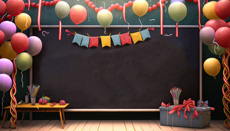 Celebrating Education: A Festive Teacher's Day Background Template with Balloons, Streamers, and a Chalkboard. Generative AI.の素材